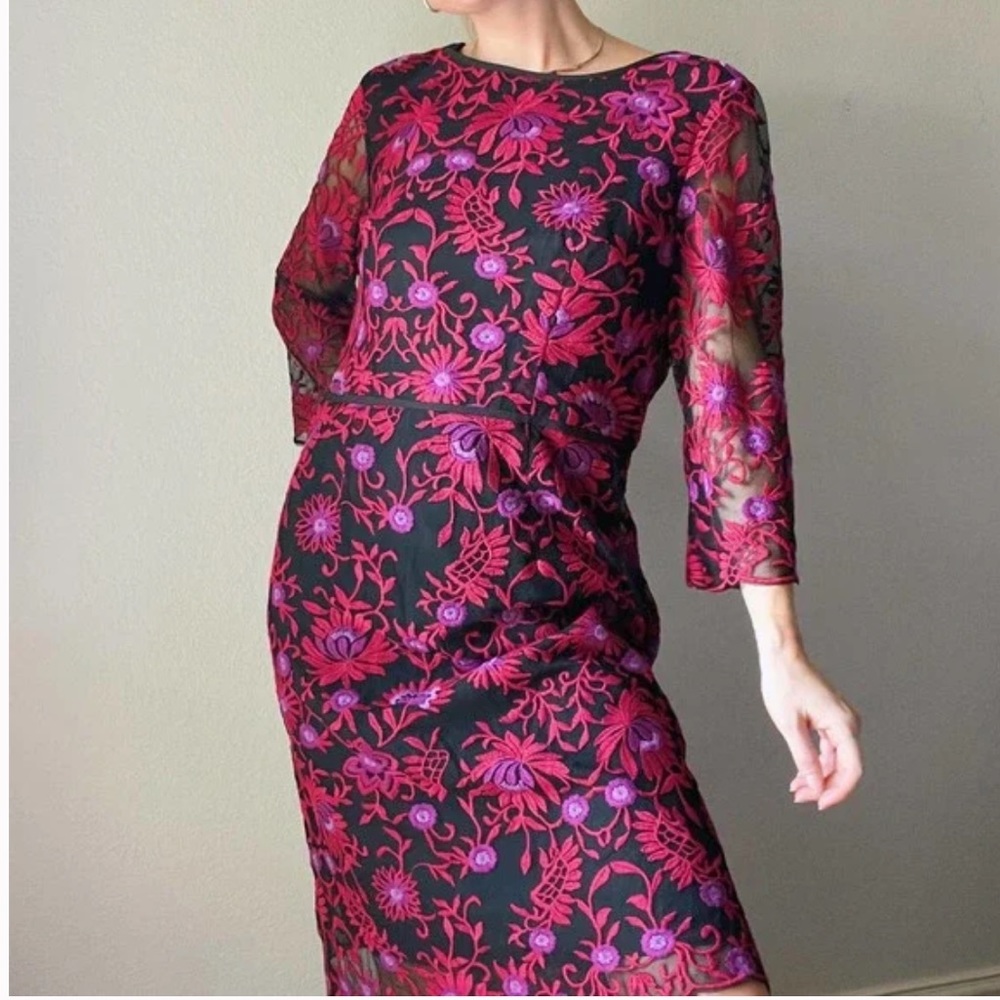 Adrianna Papell Black Tulle Floral Red Embroidered Cocktail Dress Sz 4